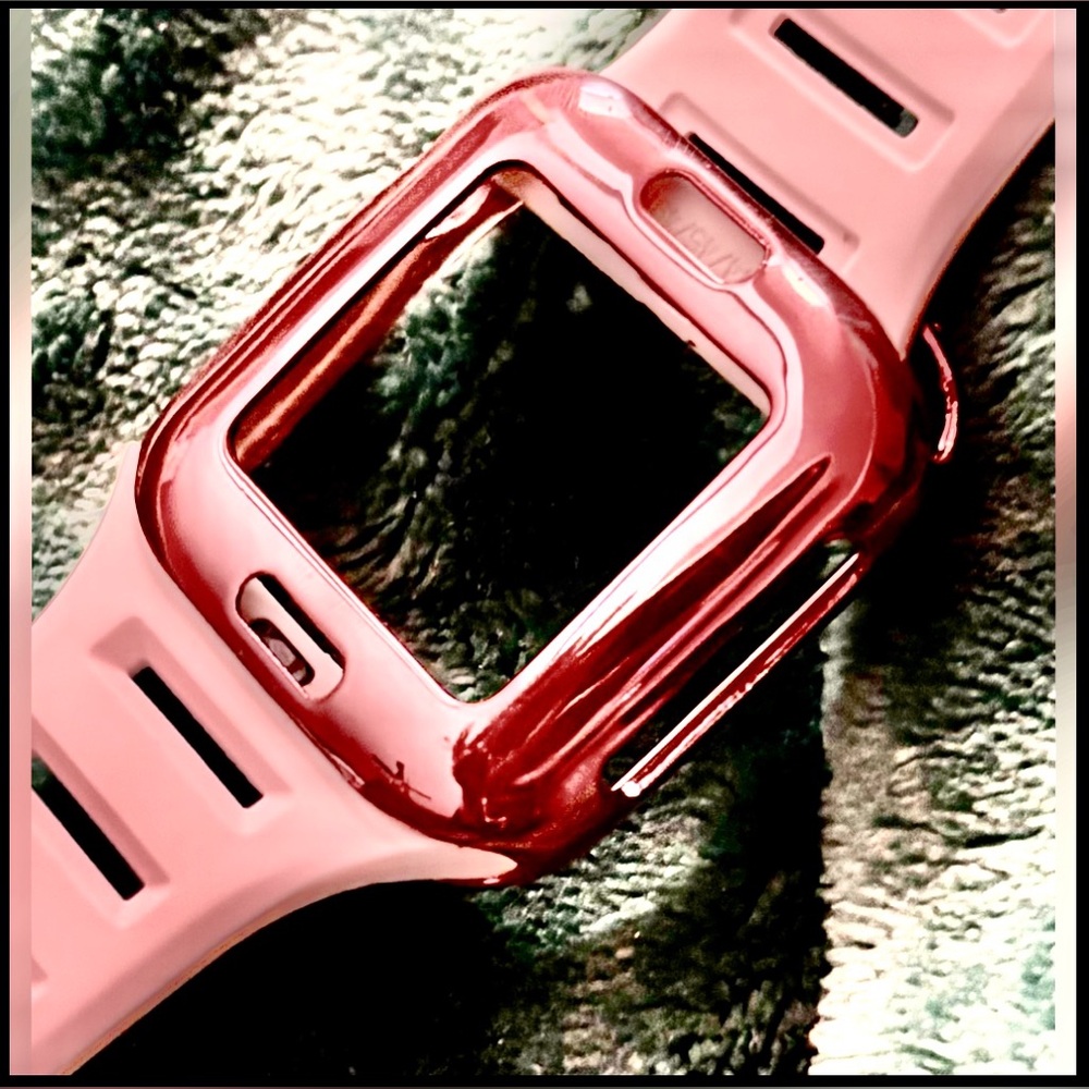 pink silicone apple watch band & metallic pink watch face case new